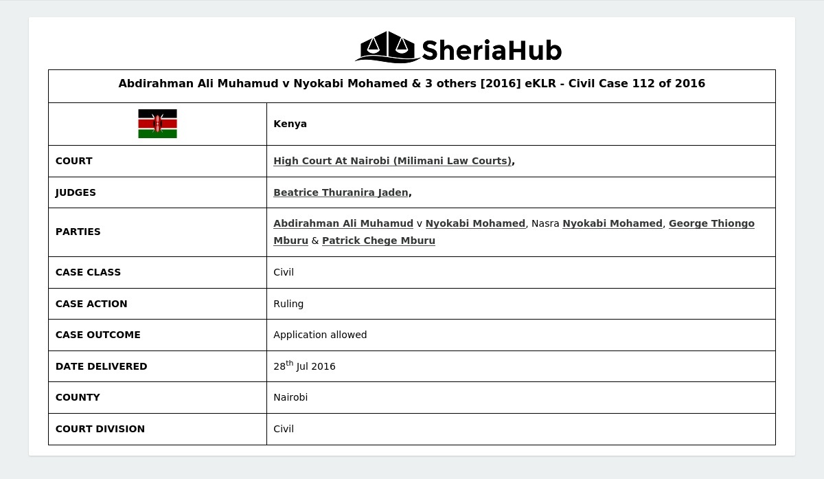 Abdirahman Ali Muhamud V Nyokabi Mohamed & 3 Others [2016] Eklr
