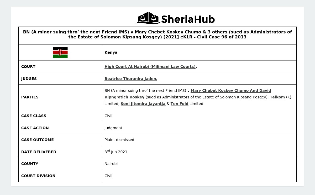 Thro Bn (A Minor Suing Thro’ The Next Friend Ims) V Mary Chebet Koskey Chumo ...