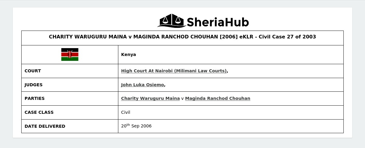 Charity Waruguru Maina V Maginda Ranchod Chouhan [2006] Eklr