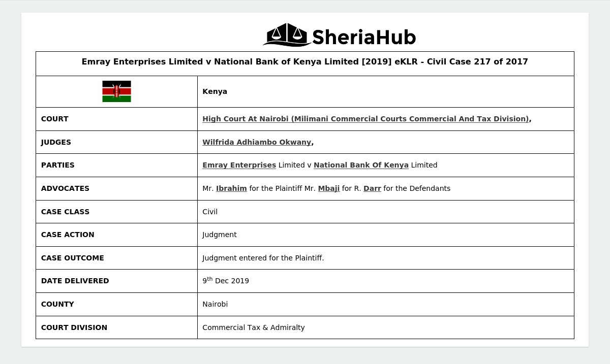 Emray Enterprises Limited V National Bank Of Kenya Limited [2019] Eklr