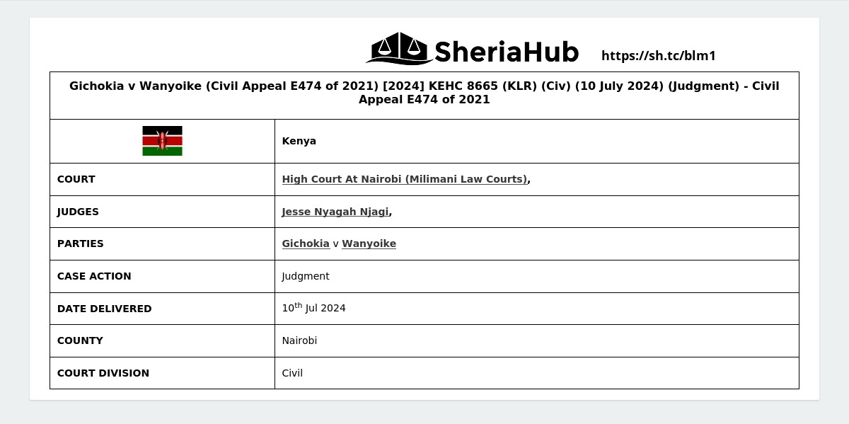 Gichokia V Wanyoike (Civil Appeal E474 Of 2021) [2024] Kehc 8665 (Klr ...