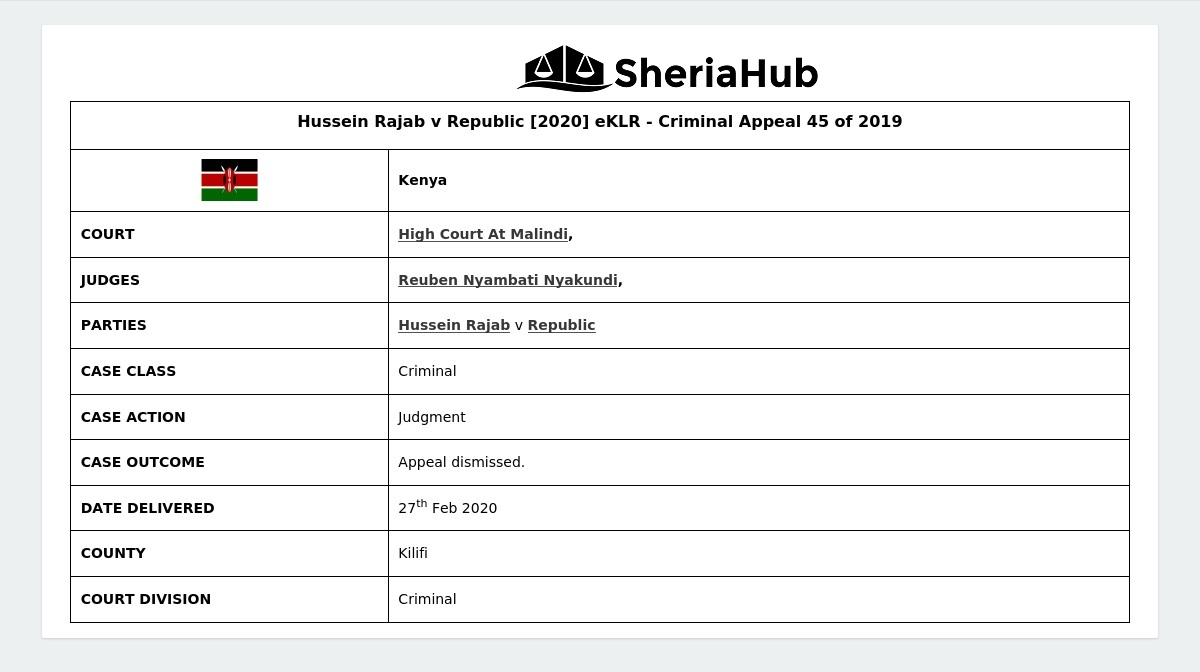Hussein Rajab V Republic [2020] Eklr