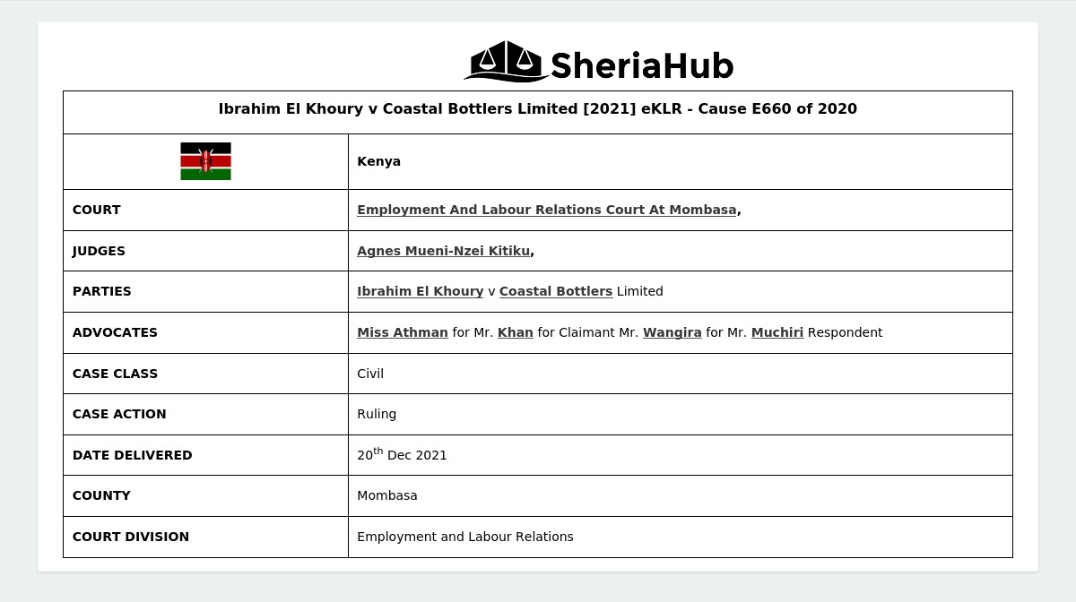 Ibrahim El Khoury V Coastal Bottlers Limited [2021] Eklr