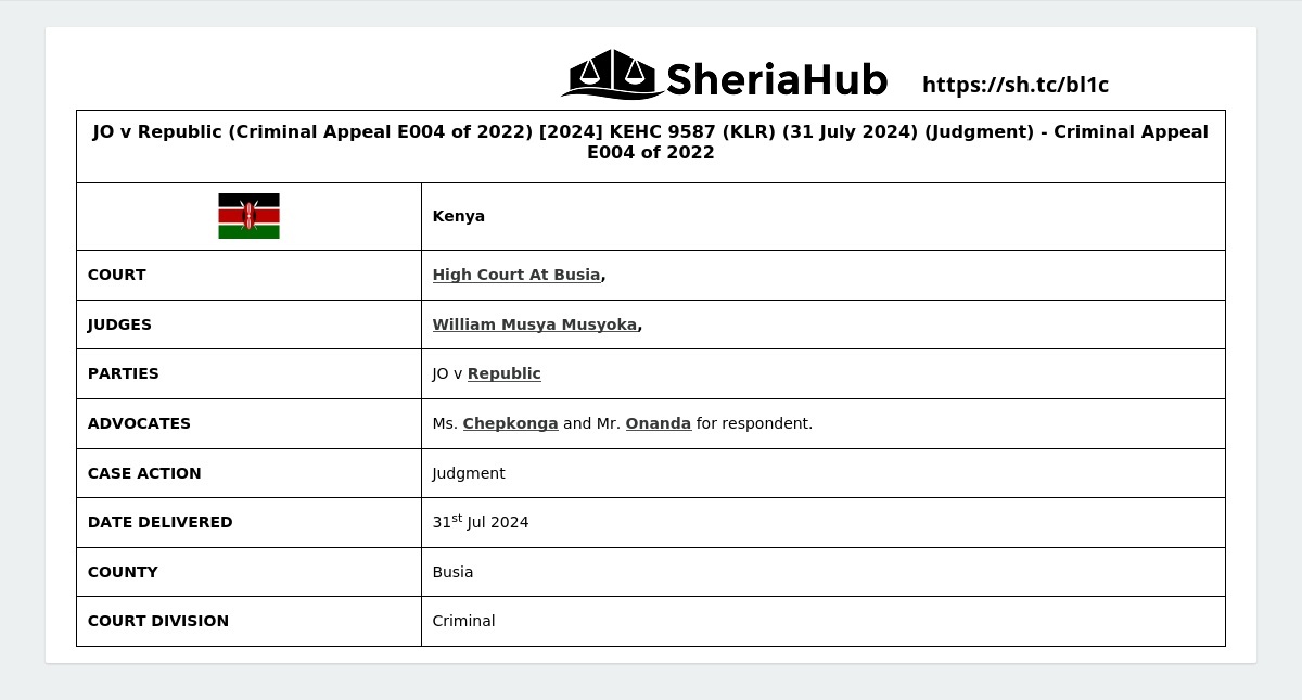 Jo V Republic (Criminal Appeal E004 Of 2022) [2024] Kehc 9587 (Klr) (31 ...