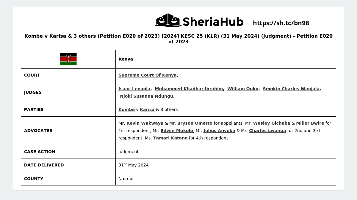 Kombe V Karisa & 3 Others (Petition E020 Of 2023) [2024] Kesc 25 (Klr ...