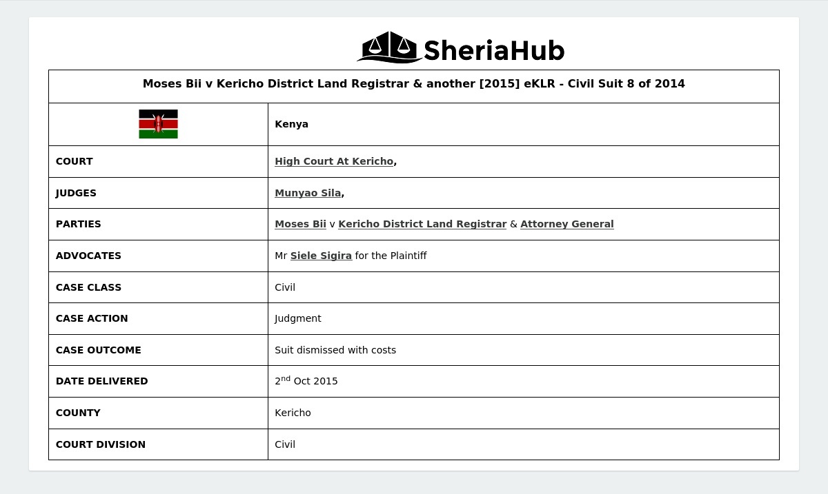 Moses Bii V Kericho District Land Registrar & Another [2015] Eklr