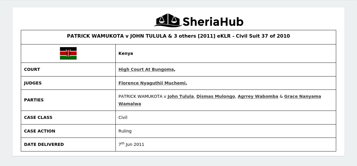 Patrick Wamukota V John Tulula & 3 Others [2011] Eklr