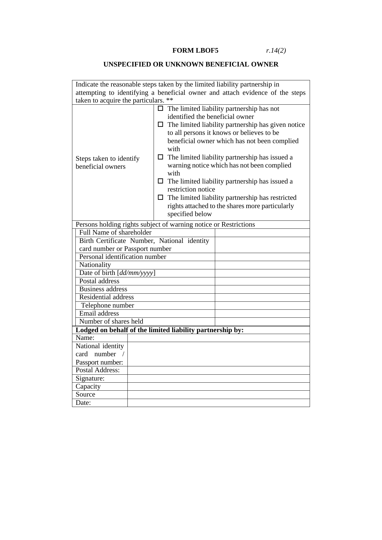 Download Unspecified Or Unknown Beneficial Owner(form Lbof5
