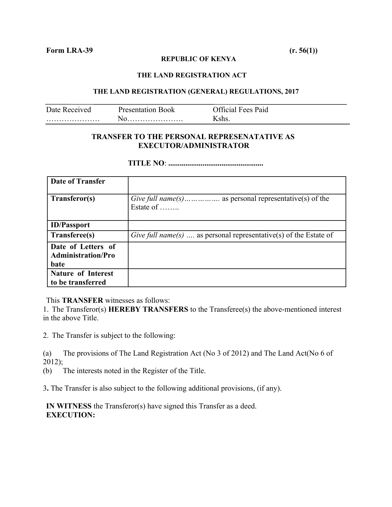 Download Transfer To Personal Representative (form Lra 39) - SheriaHub ...