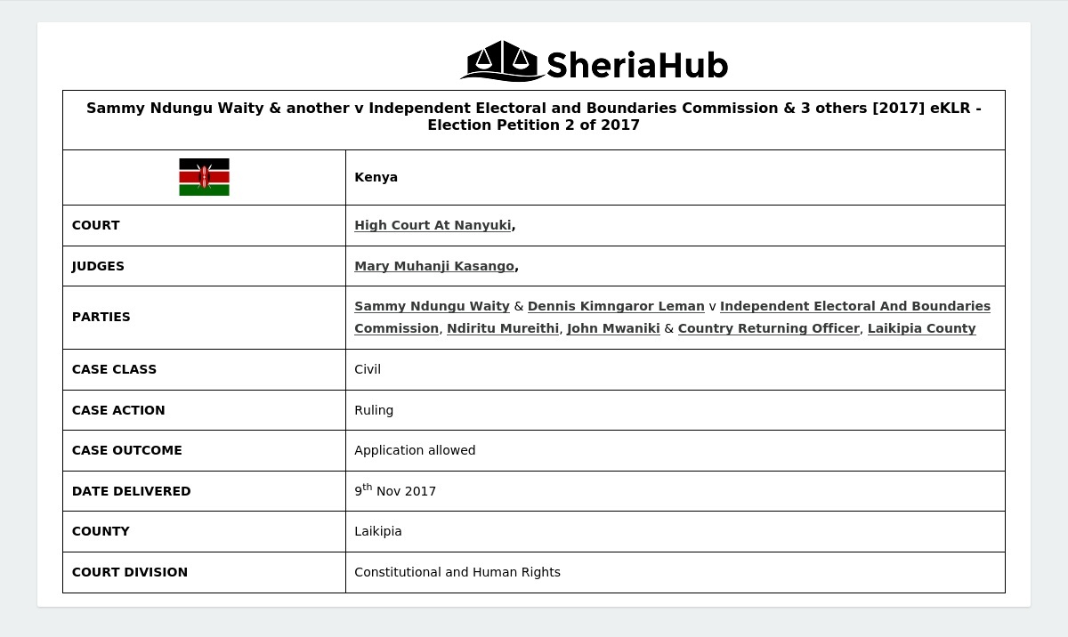 Sammy Ndungu Waity & Another V Independent Electoral And Boundaries ...