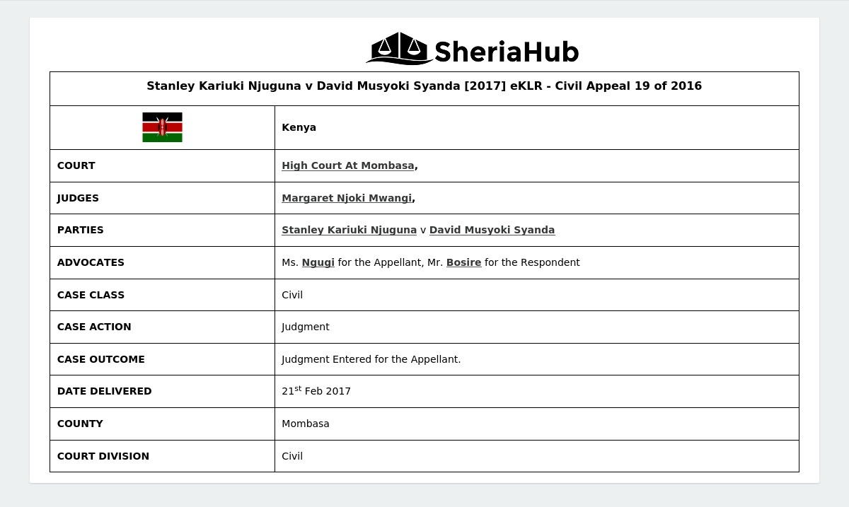 Stanley Kariuki Njuguna V David Musyoki Syanda [2017] Eklr