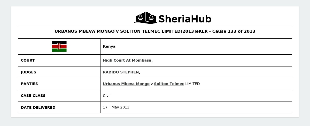 Urbanus Mbeva Mongo V Soliton Telmec Limited[2013]Eklr