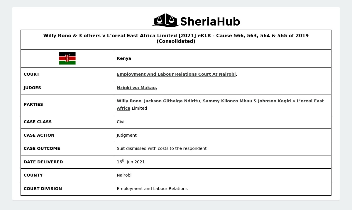 Willy Rono & 3 Others V L’oreal East Africa Limited [2021] Eklr