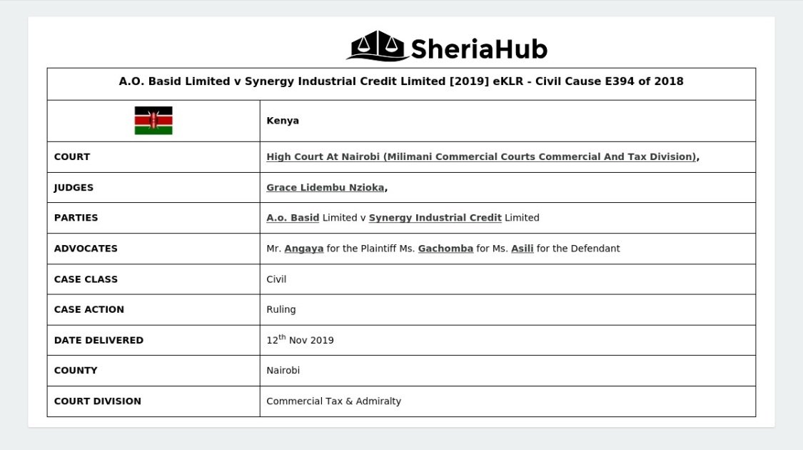 A.o. Basid Limited V Synergy Industrial Credit Limited [2019] Eklr