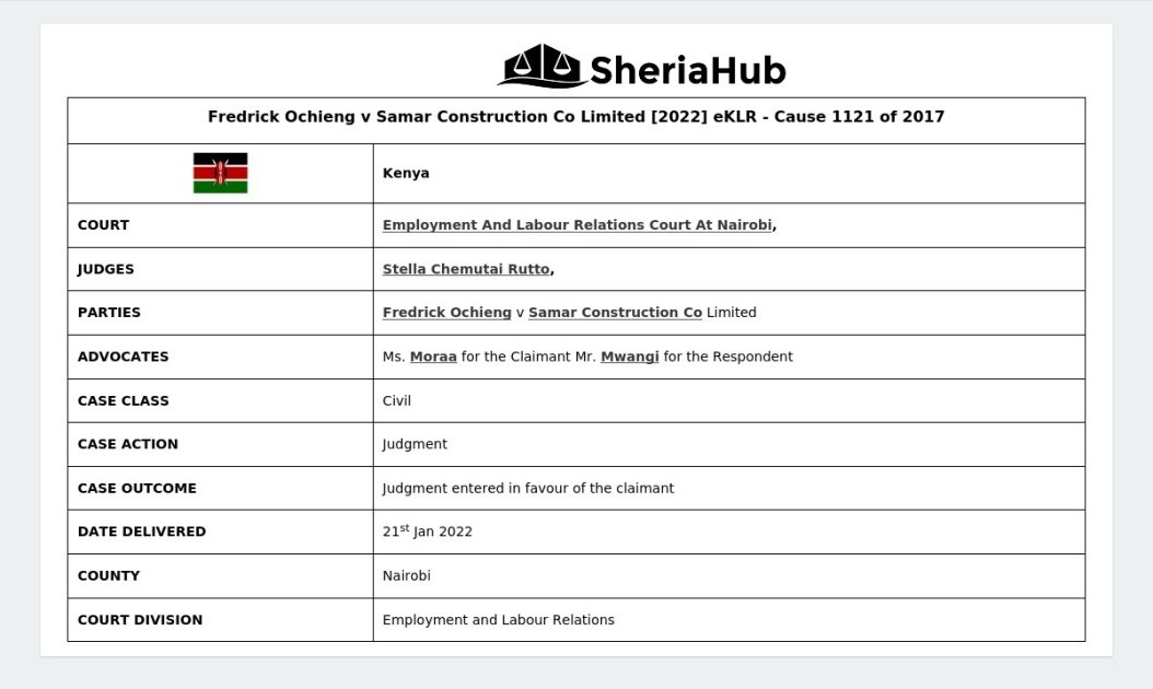 Fredrick Ochieng V Samar Construction Co Limited [2022] Eklr