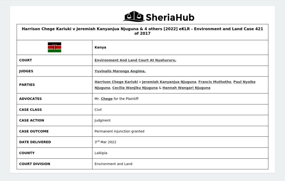 Harrison Chege Kariuki V Jeremiah Kanyanjua Njuguna & 4 Others [2022] Eklr