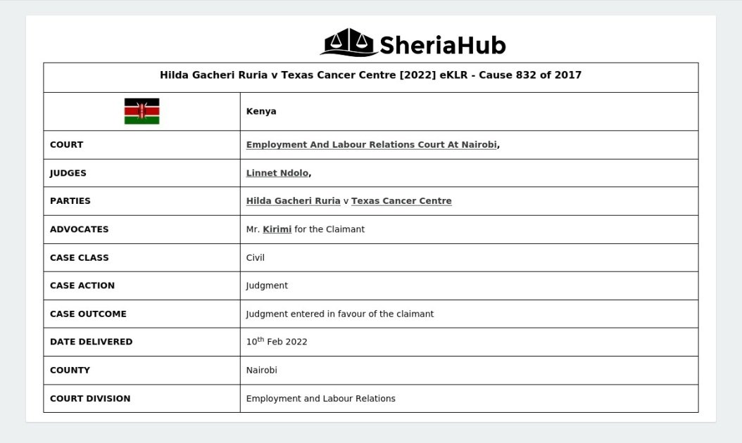 Hilda Gacheri Ruria V Texas Cancer Centre [2022] Eklr