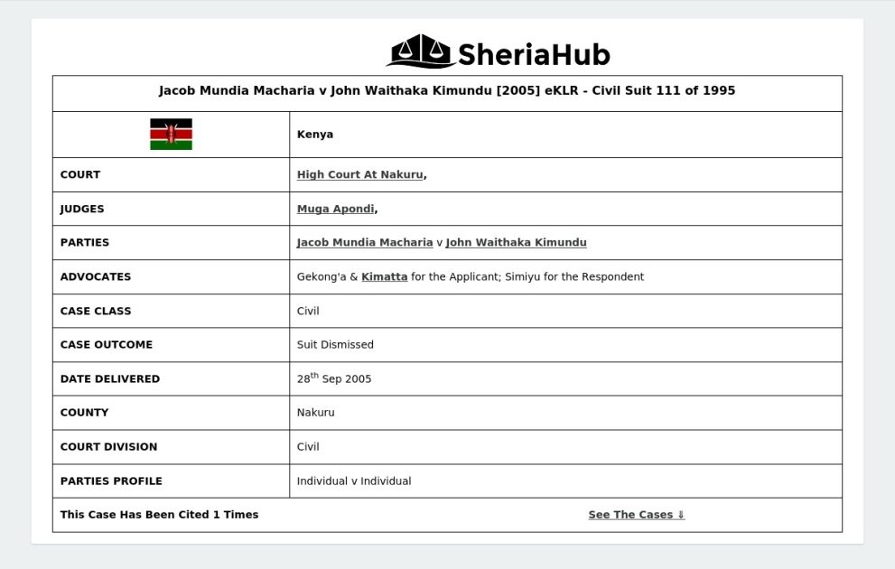 Jacob Mundia Macharia V John Waithaka Kimundu [2005] Eklr