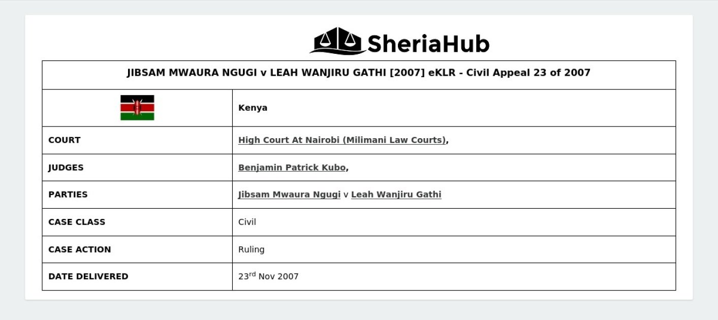Jibsam Mwaura Ngugi V Leah Wanjiru Gathi [2007] Eklr