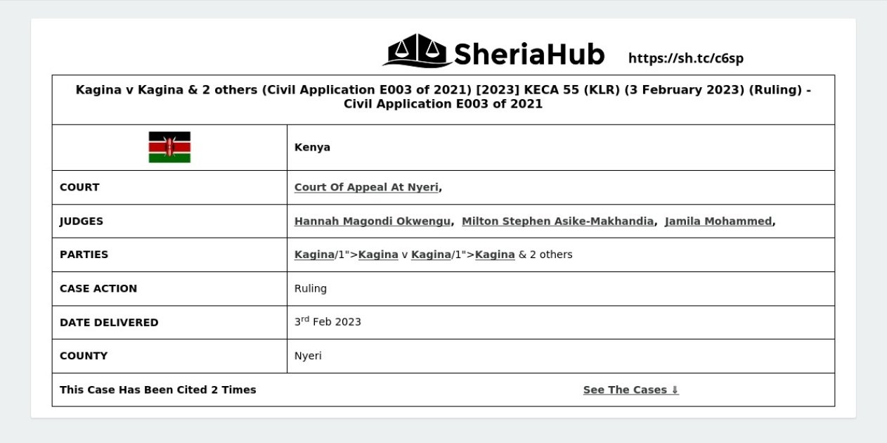 Kagina V Kagina & 2 Others (Civil Application E003 Of 2021) [2023] Keca ...