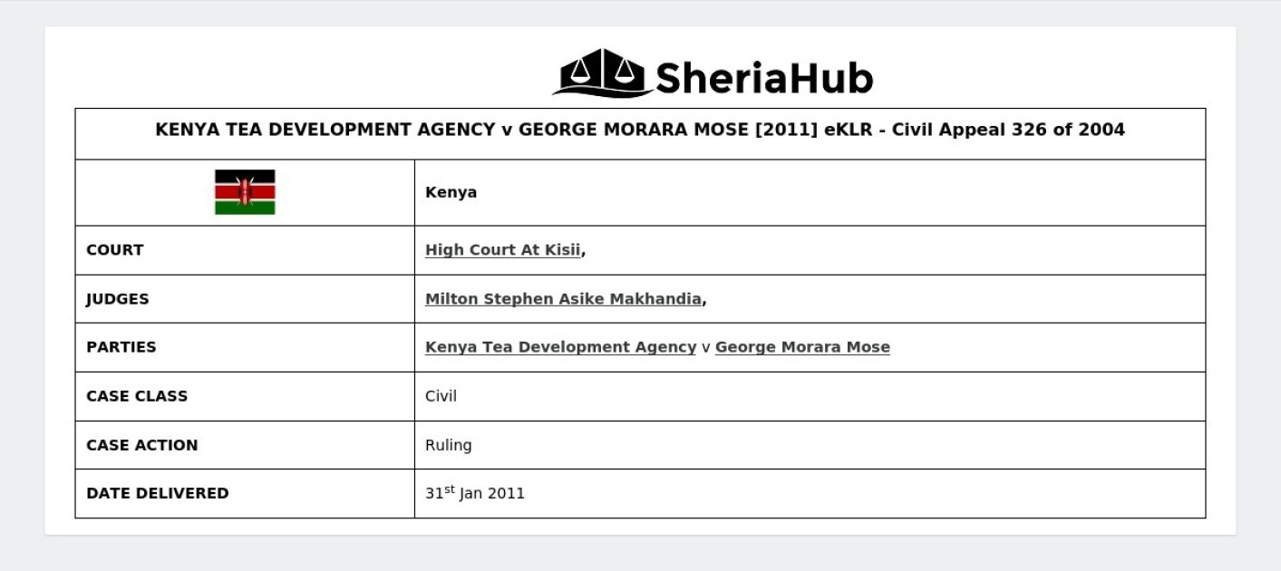 Kenya Tea Development Agency V George Morara Mose [2011] Eklr