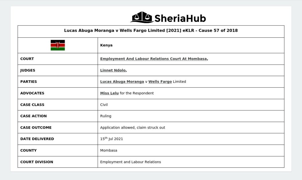 Lucas Abuga Moranga V Wells Fargo Limited [2021] Eklr