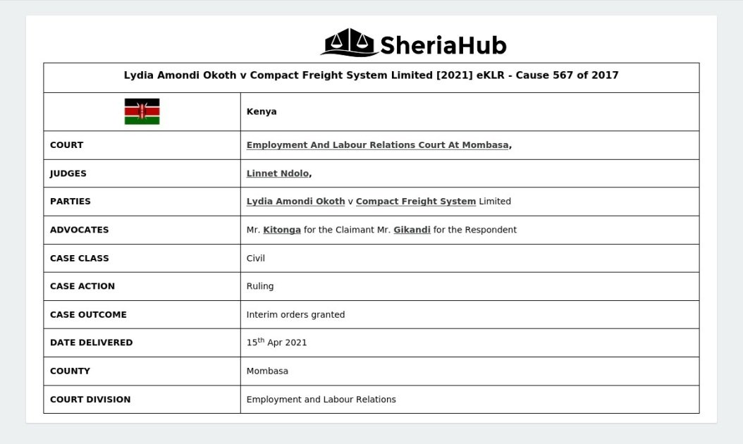 Lydia Amondi Okoth V Compact Freight System Limited [2021] Eklr