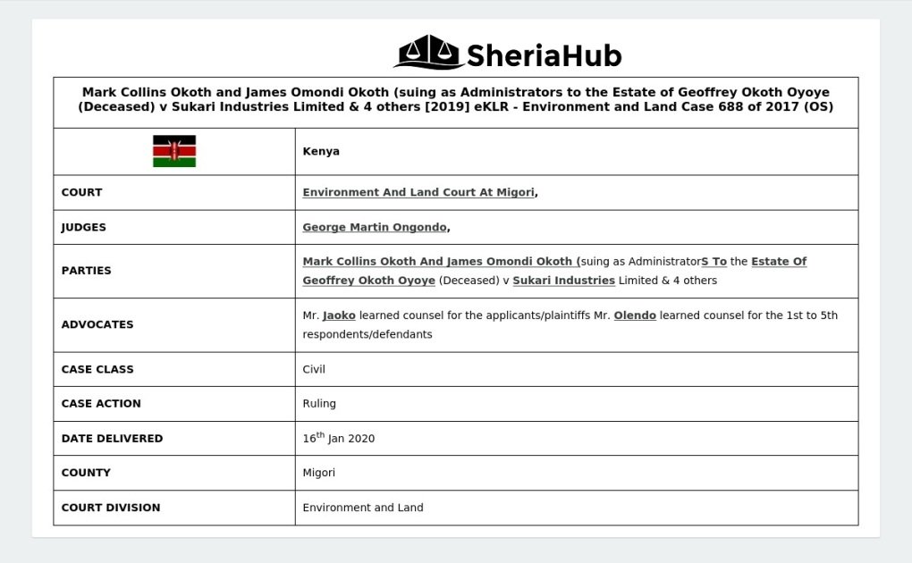 Jacob Okoth Mark Collins Okoth And James Omondi Okoth (Suing As Administrators To ...