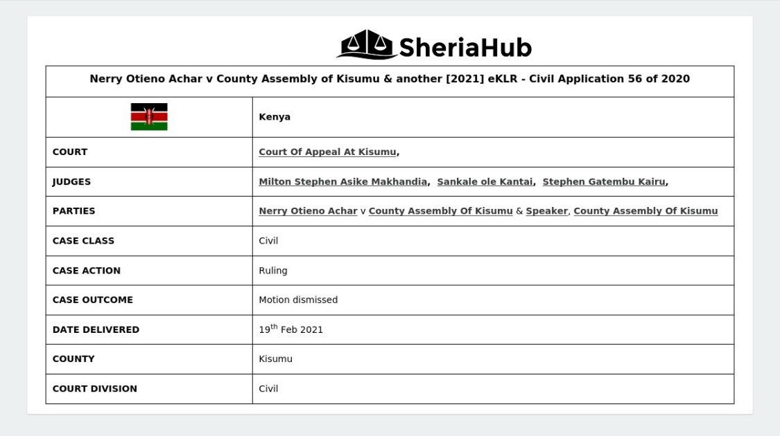 Nerry Otieno Achar V County Assembly Of Kisumu & Another [2021] Eklr