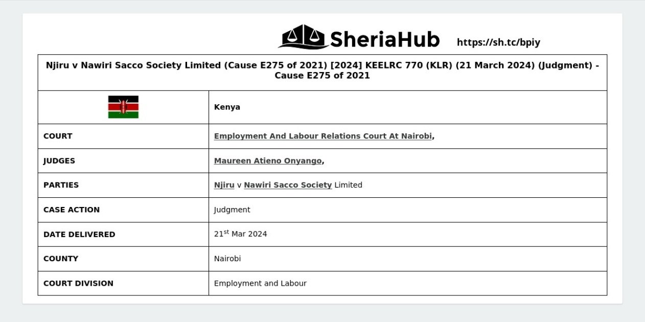 Njiru V Nawiri Sacco Society Limited (Cause E275 Of 2021) [2024] Keelrc ...