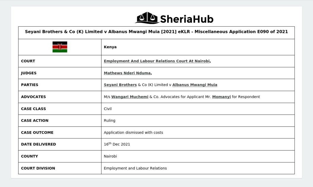 Seyani Brothers & Co (K) Limited V Albanus Mwangi Muia [2021] Eklr