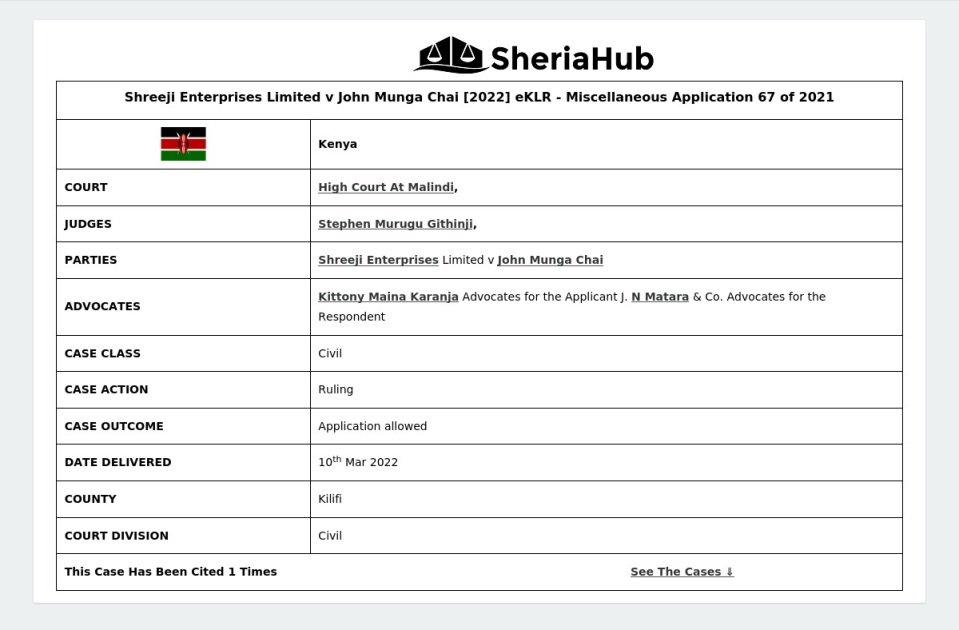 Shreeji Enterprises Limited V John Munga Chai [2022] Eklr