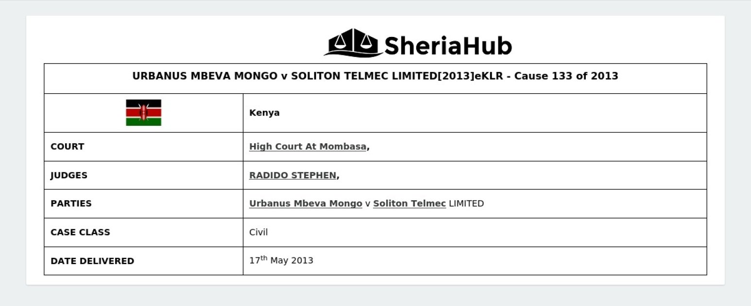 Urbanus Mbeva Mongo V Soliton Telmec Limited[2013]Eklr